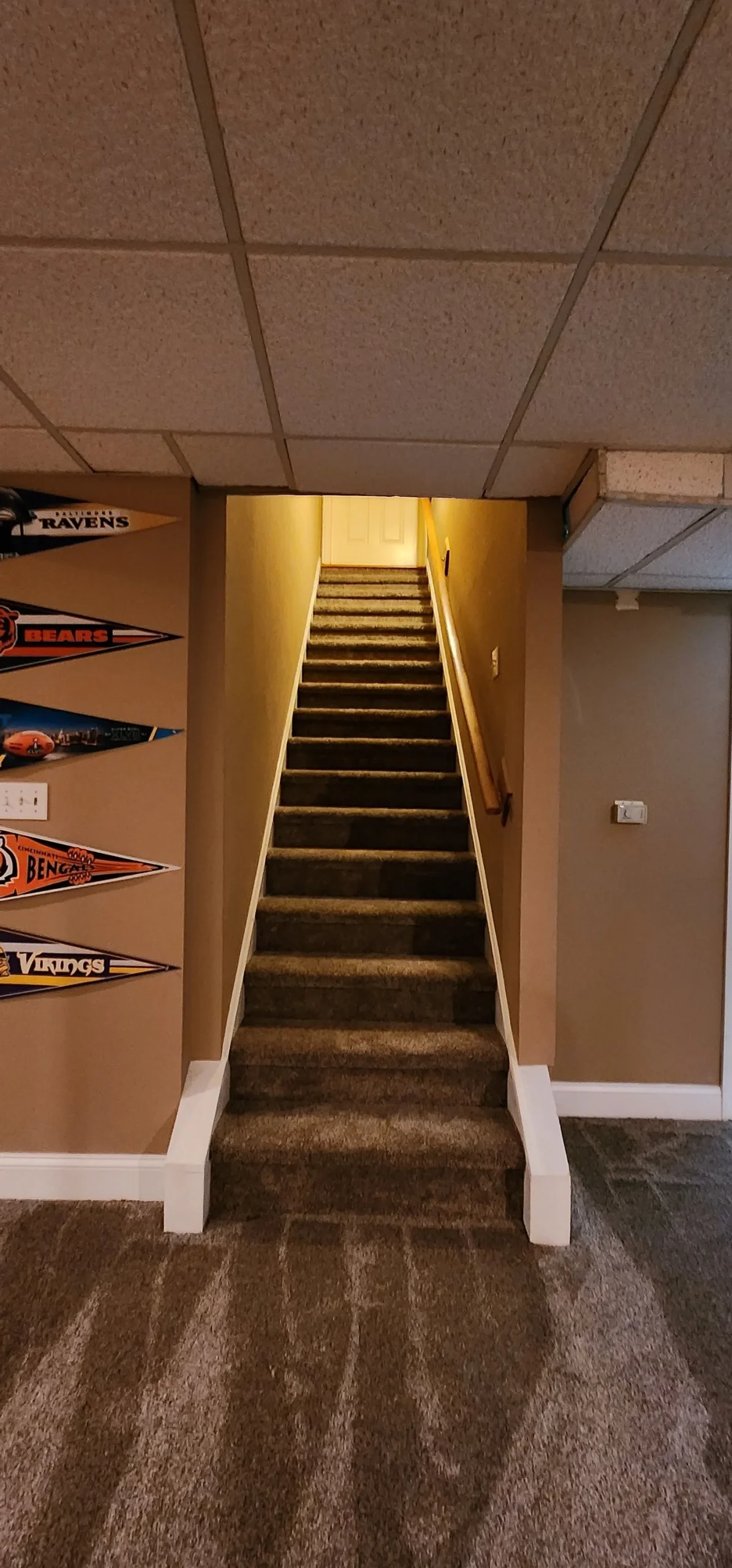 Carpeted staircase and basement flooring installation